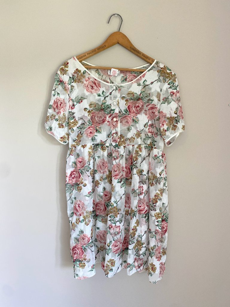 Vintage Sheer Babydoll Dress/Neglige / Pink & White Floral / 80s